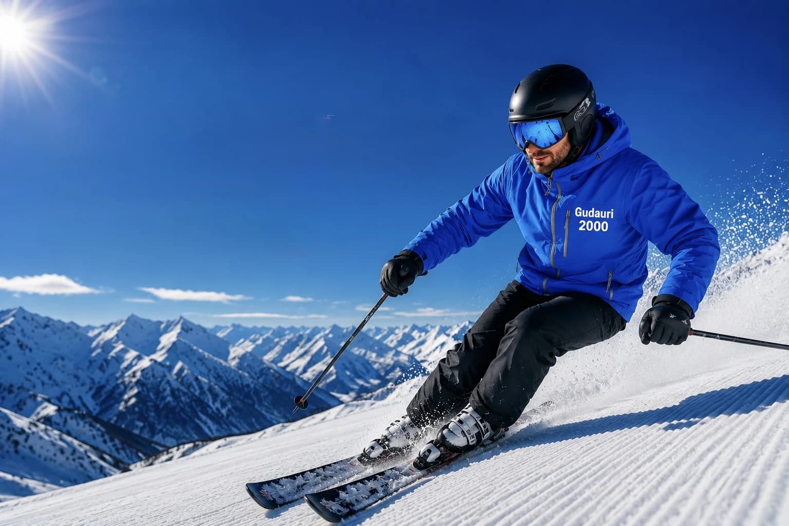 Skier in a Gudauri 2000 jacket carving down a groomed piste above the Caucasus range