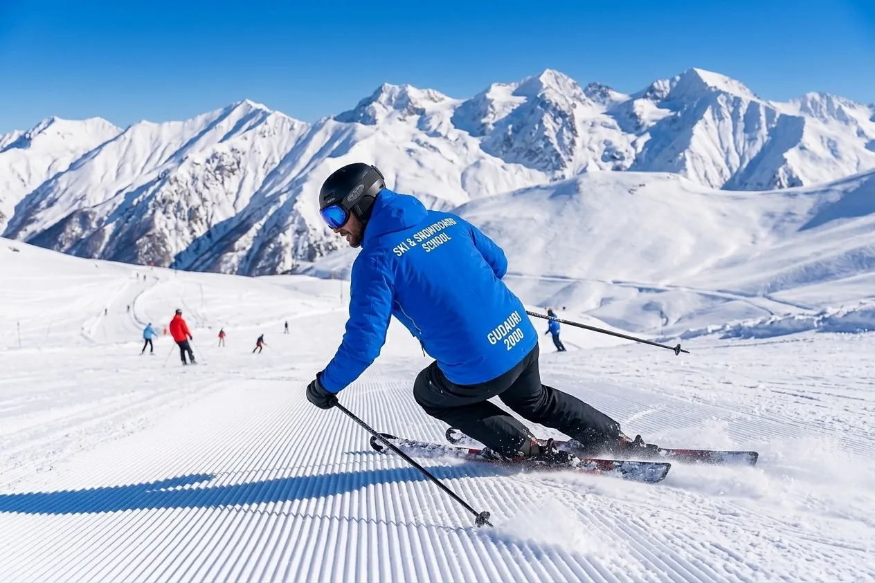 Gudauri 2000 instructor carving a turn on freshly groomed piste below the peaks