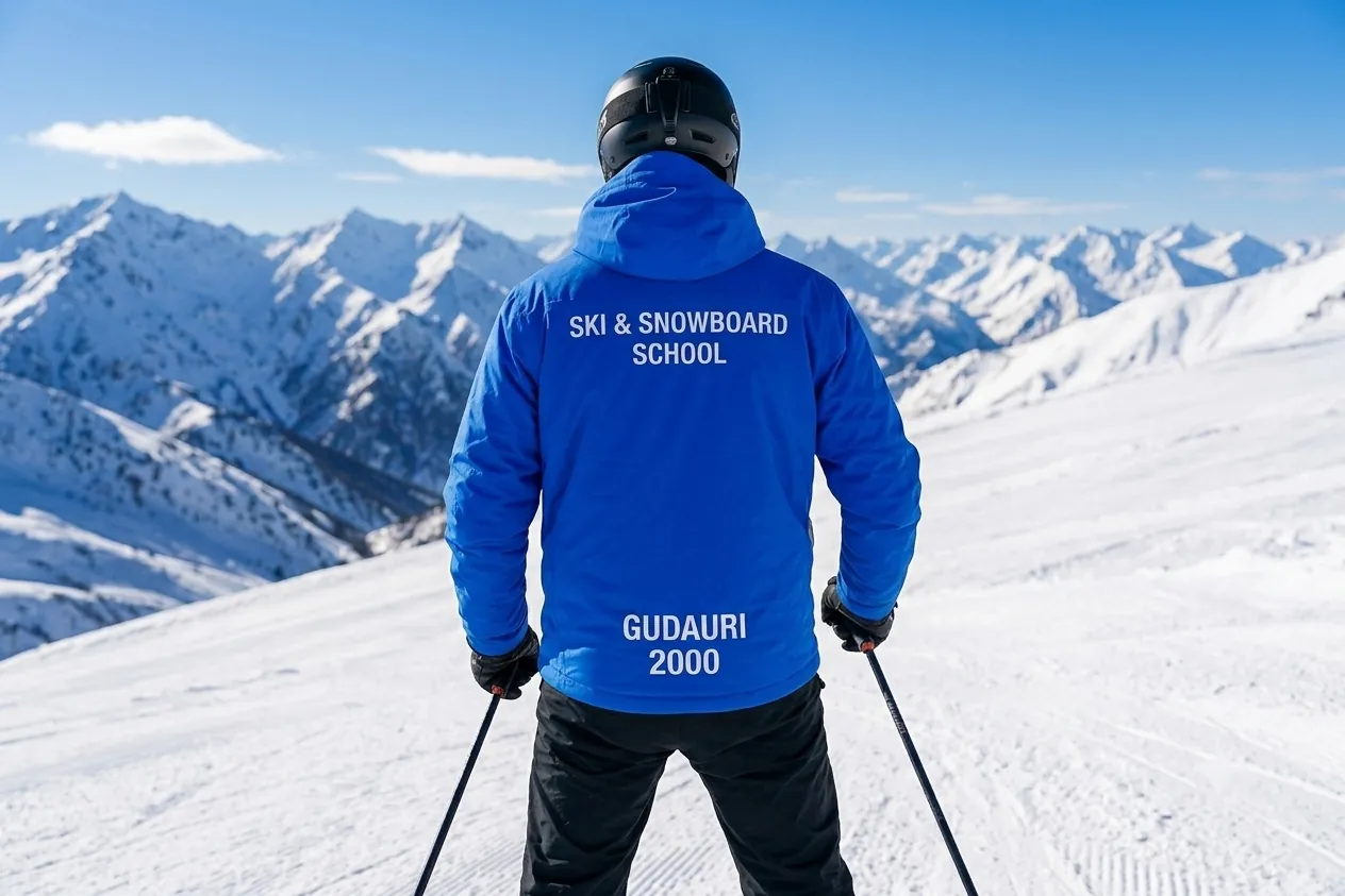 Instructor in a Gudauri 2000 ski and snowboard school jacket looking out over the range